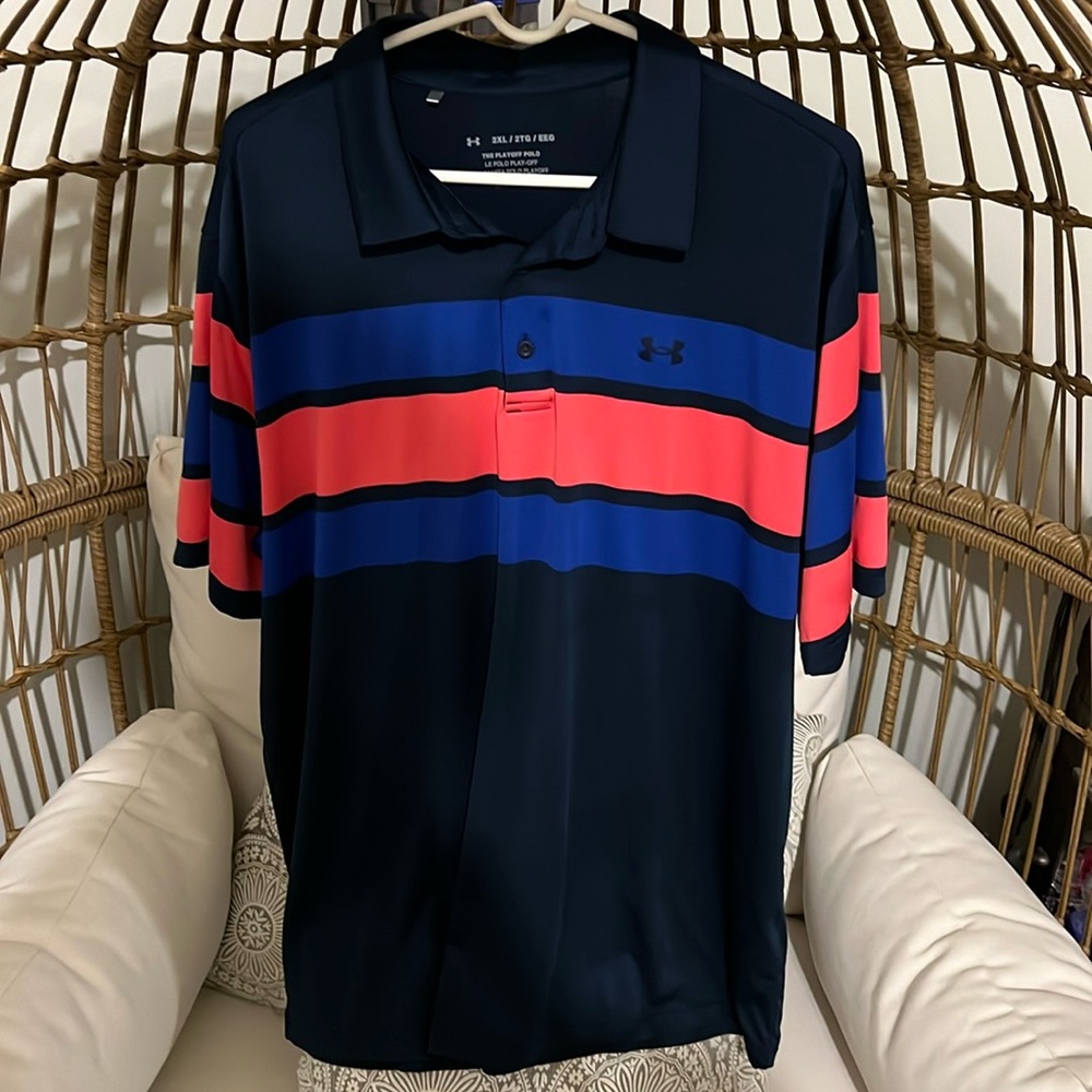 Men’s Under Armor XXL Polo. Navy Blue with Red and Blue stripes at the top